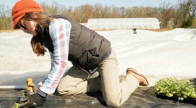 Woman planting with row cover and hoop house behind