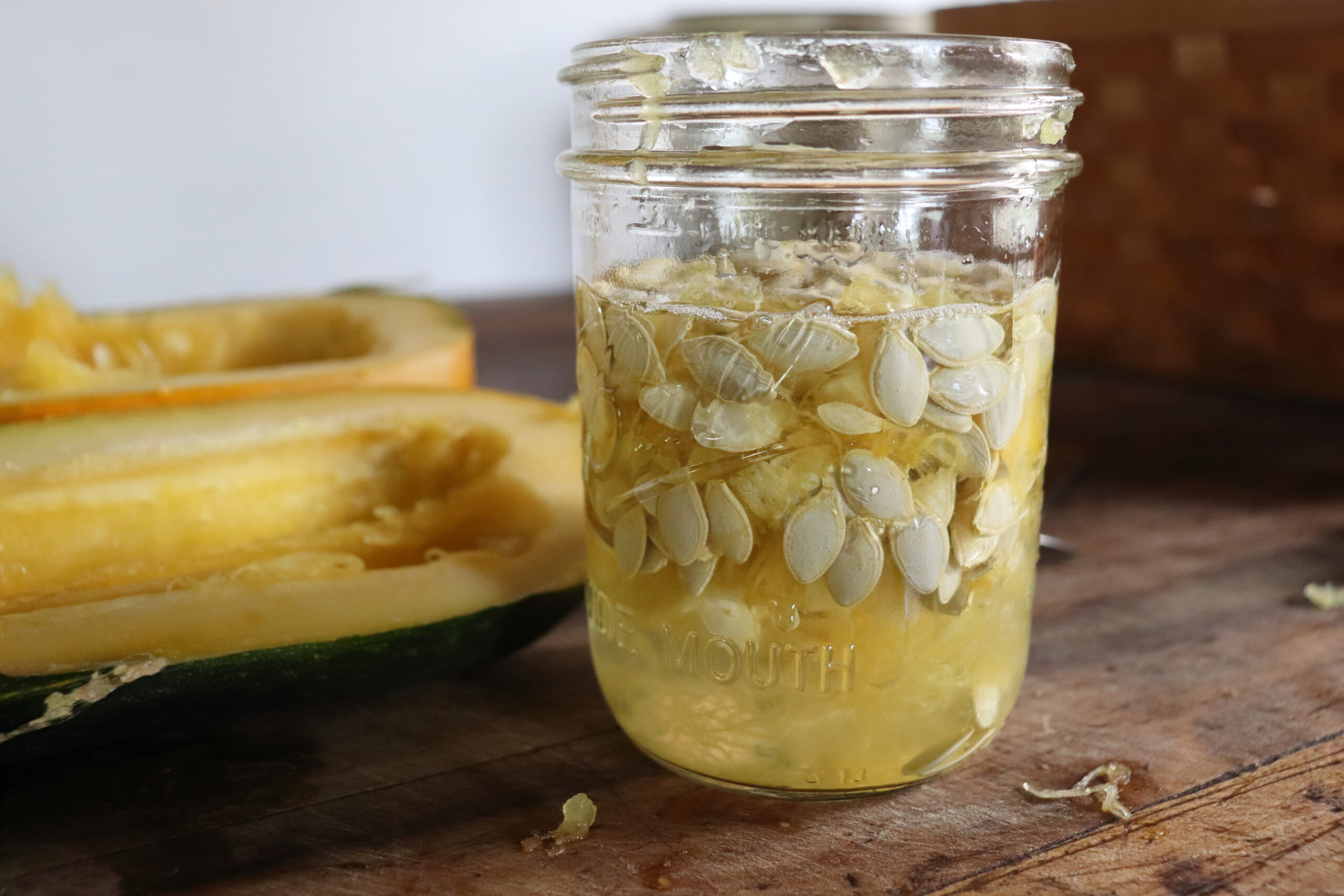Zucchini seeds fermenting in a mason jar.