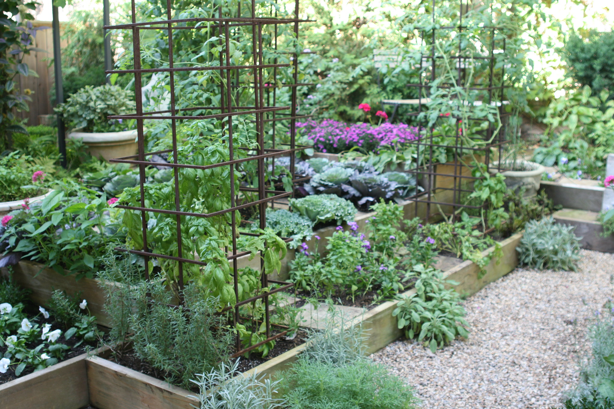 Kitchen garden at Bolen residence filled with raised beds of vegetables